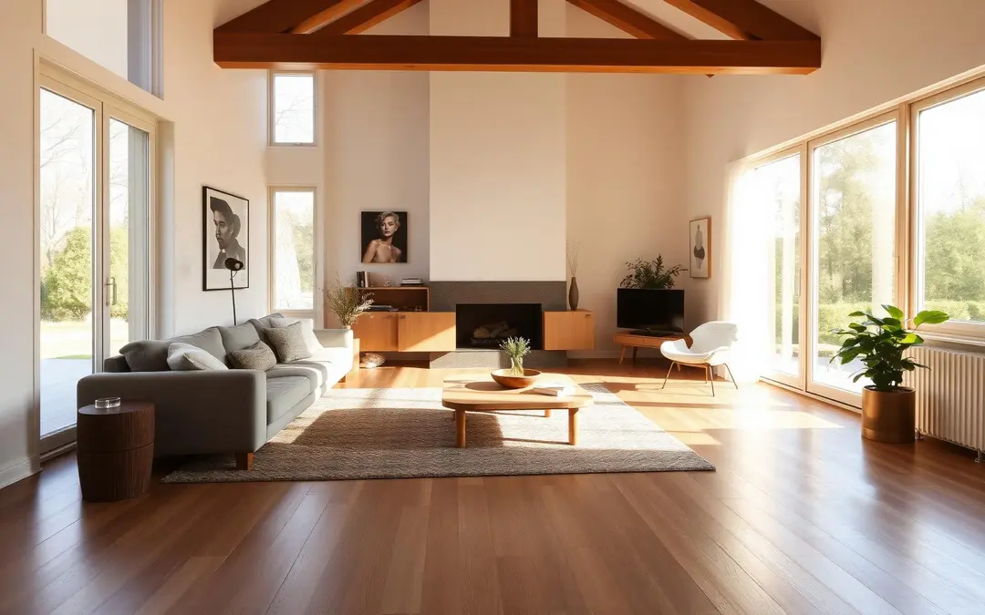 Phòng khách sáng với sàn gỗ Kährs tông nâu ấm, sofa xám và cửa kính lớn nhìn ra vườn